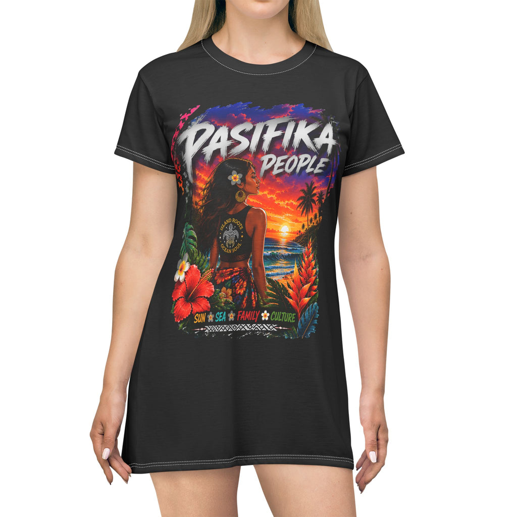 Island-Loving Women’s T-Shirt Dress — “Pasifika People” Sunset Beach Graphic