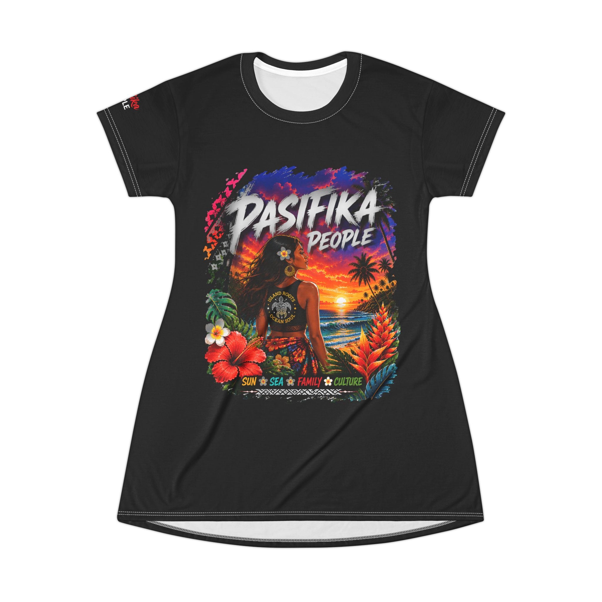 Island-Loving Women’s T-Shirt Dress — “Pasifika People” Sunset Beach Graphic